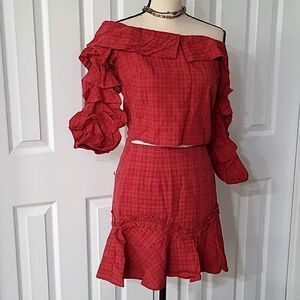 🎈2/$28🎈 Matching Set Plaid Ruffle Sleeve Frill Trim Skirt Sz Small or Medium